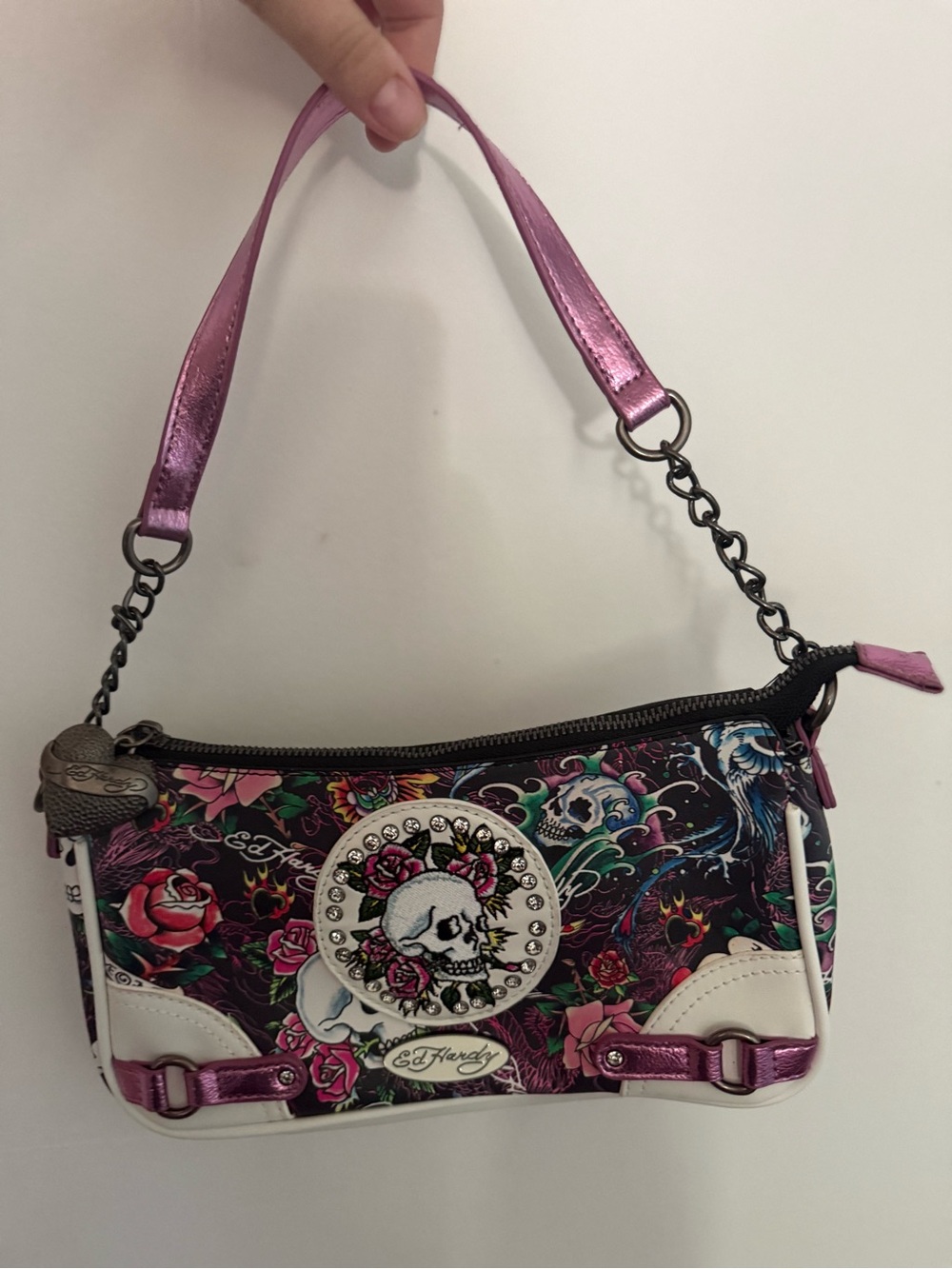 Ed Hardy Metallic Pink Handle Floral Skull Hobo Bag